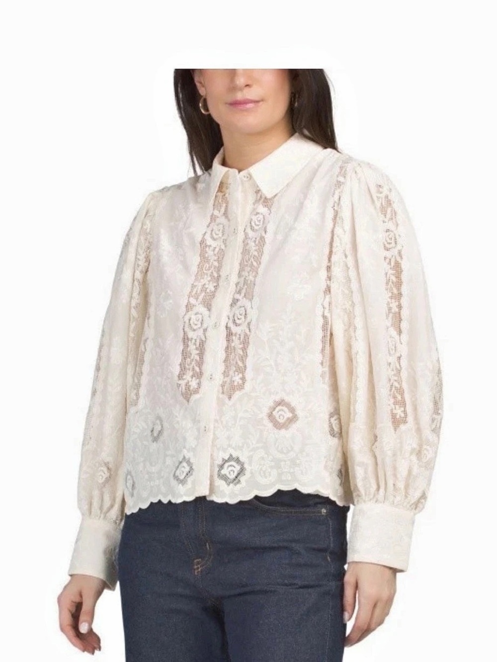 Caroline Constas Floral Lace Long Puff Sleeve Blouse in cream nwt